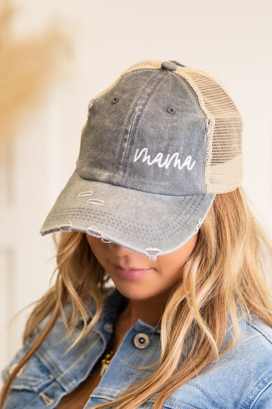 Cursive Mama Embroidered Messy Bun Hat Cap